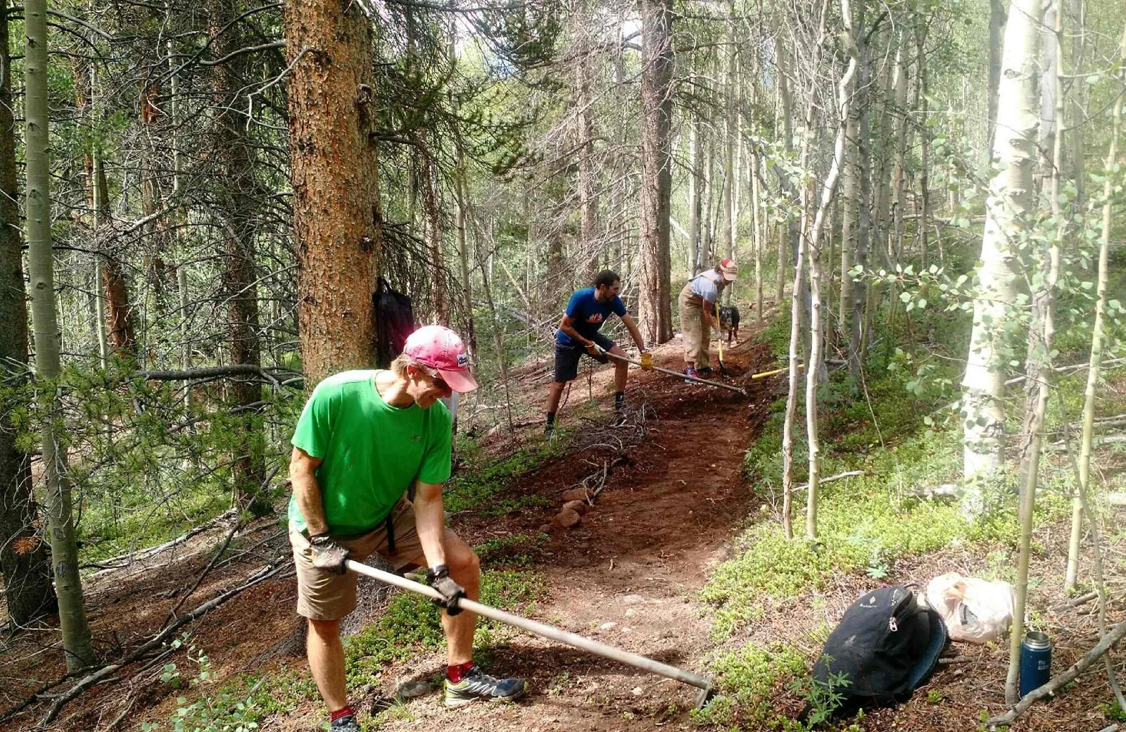 Volunteers build and maintain a singletrack trail in the woods.
