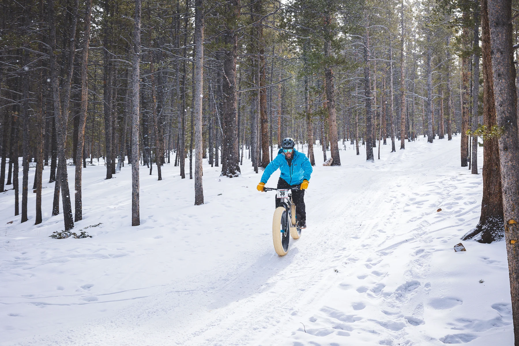 A fat-bike rider in a bright blue jacket and yellow gloves approaches on a snowy forest trail.