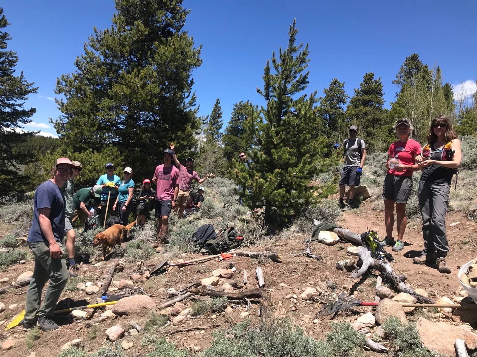 A volunteer crew gathers with trail tools among rocks and pine trees under a clear blue sky.