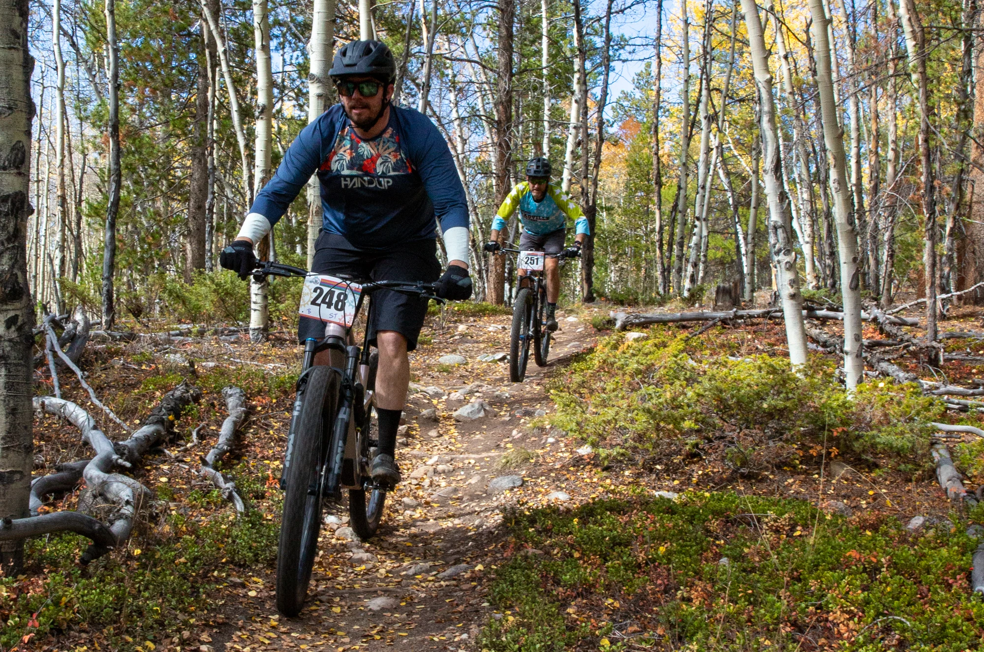 Two cyclists approach on a narrow trail through aspens.