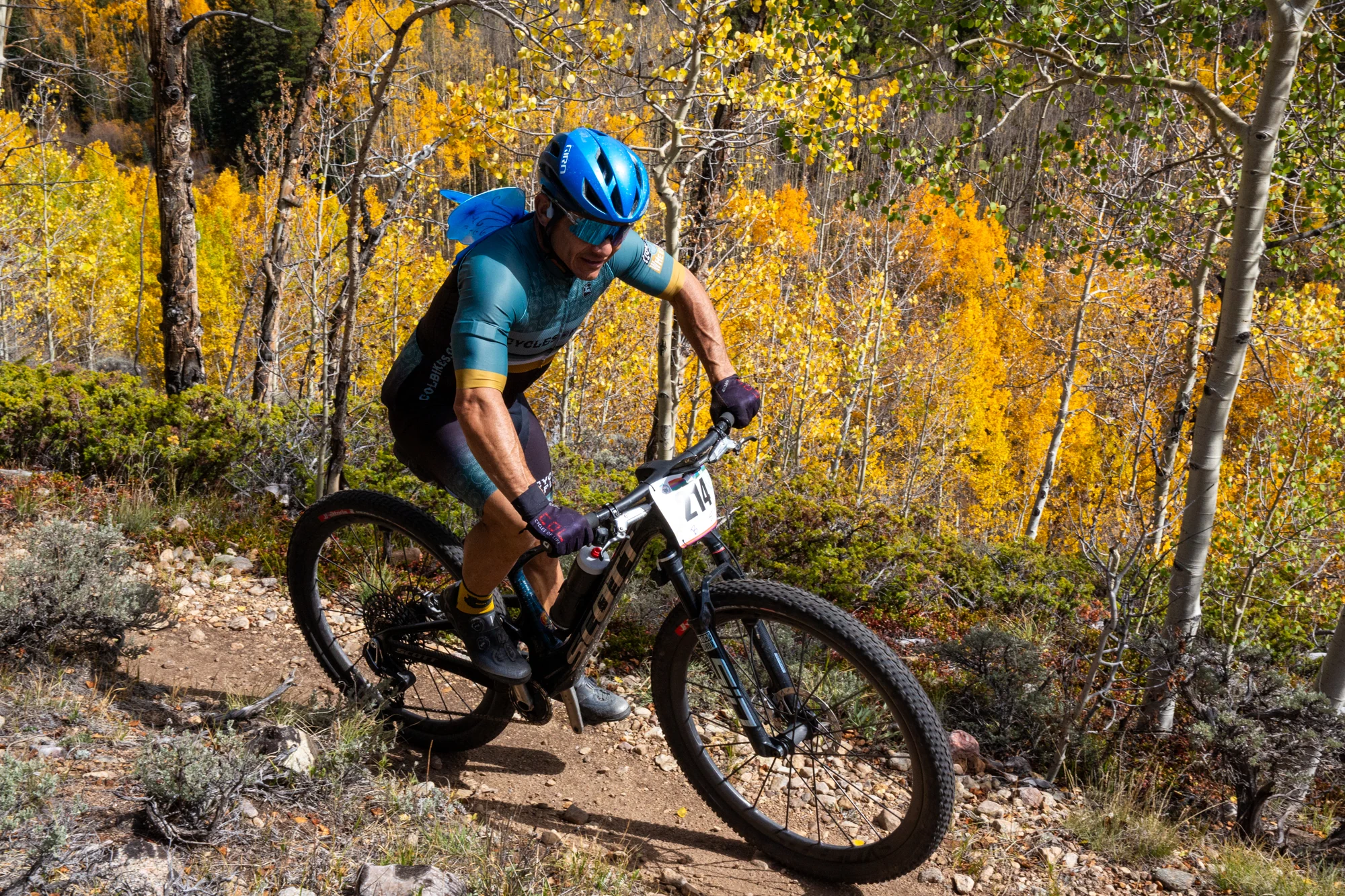A cyclist with a blue helmet rides a rocky singletrack trail through golden aspens.