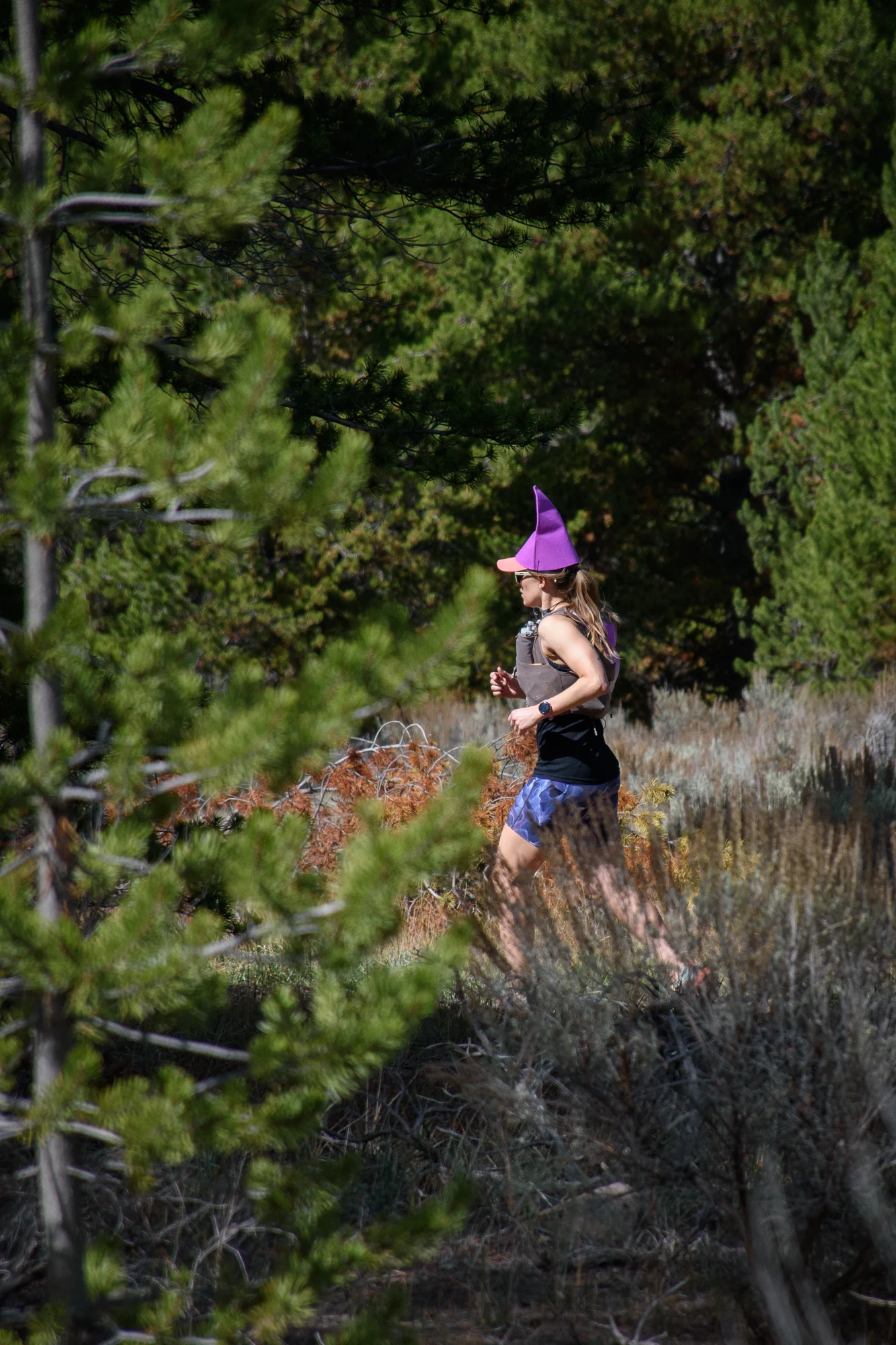 A participant in a purple pointed hat and running vest jogs along the trail through trees.